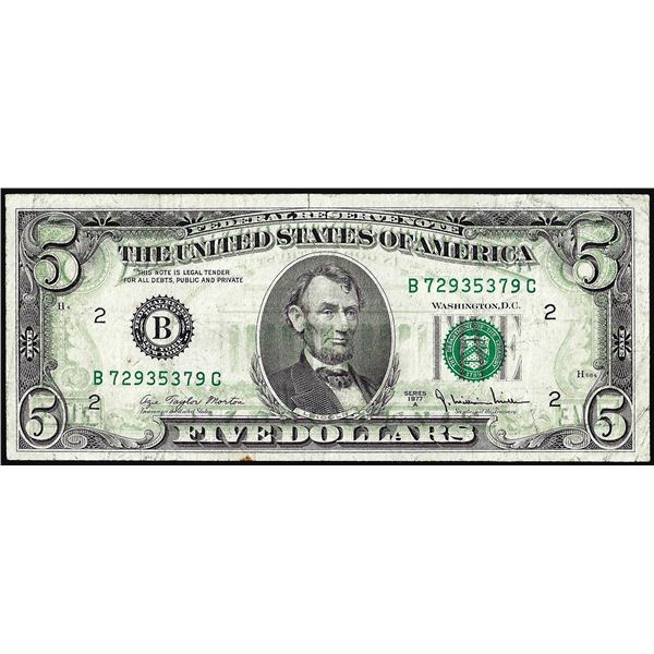 1977A $5 Federal Reserve Note Full Offset Error