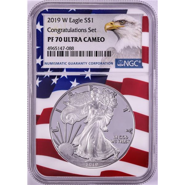 2019-W $1 Proof American Silver Eagle Coin NGC PF70 Ultra Cameo Congratulations Flag