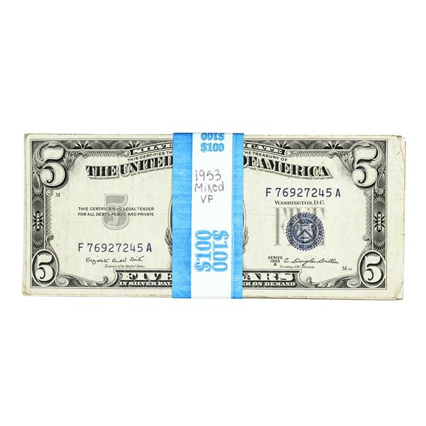 Lot of (20) Mixed Series 1953 $5 Silver Certificate Notes - Very Fine