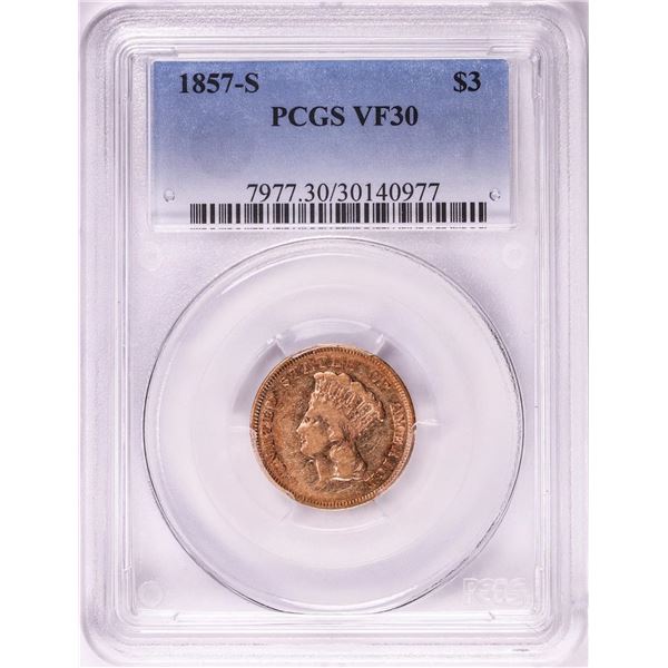 1857-S $3 Indian Princess Head Gold Coin PCGS VF30