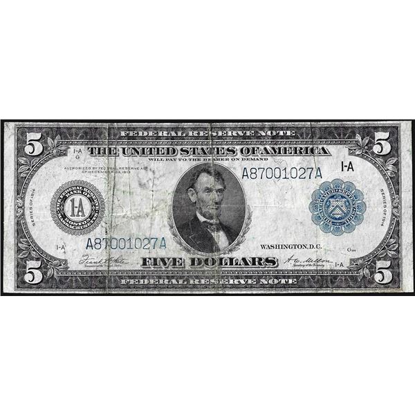 1914 $5 Federal Reserve Note Boston