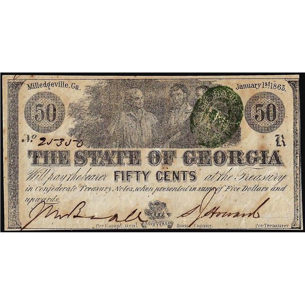 1863 Fifty Cents State of Georgia Milledgeville, GA Obsolete Note