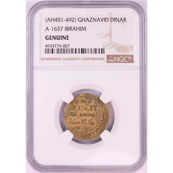 AH451-492 Ghaznavid Dinar A-1637 Ibrahim Gold Coin NGC Genuine