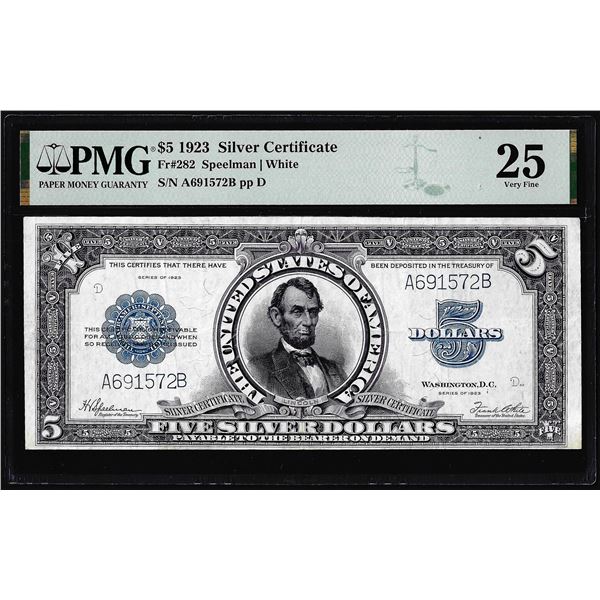 1923 $5 Porthole Silver Certificate Note Fr.282 PMG Very Fine 25