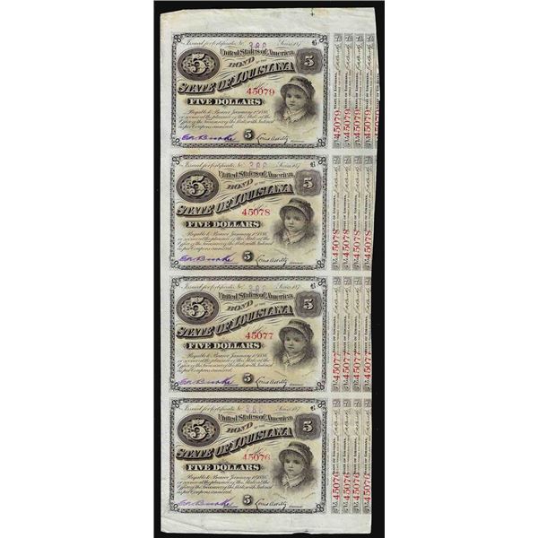 Uncut Sheet of (4) State of Louisiana Baby Bond Obsolete Notes