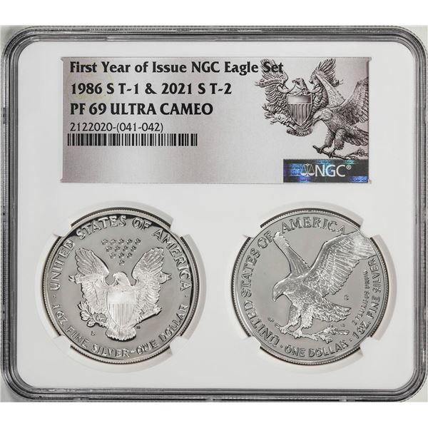 1986-S & 2021-S First Year of Issue Proof Silver Eagle Set NGC PF69 Ultra Cameo