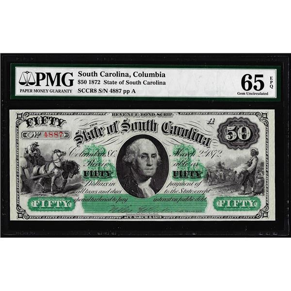 1872 $50 State of South Carolina Obsolete Note PMG Gem Uncirculated 65EPQ