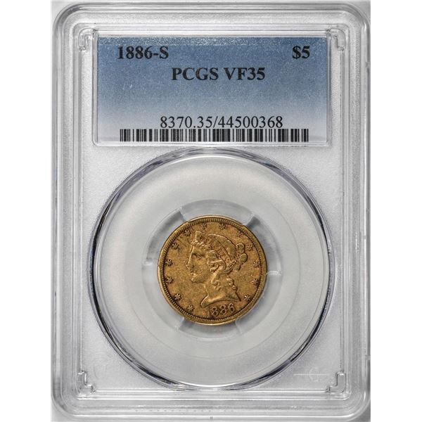 1886-S $5 Liberty Head Half Eagle Gold Coin PCGS VF35