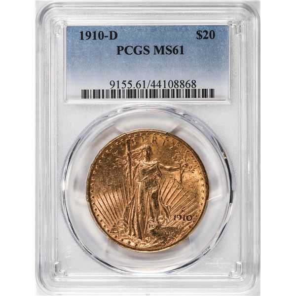 1910-D $20 St Gaudens Double Eagle Gold Coin PCGS MS61