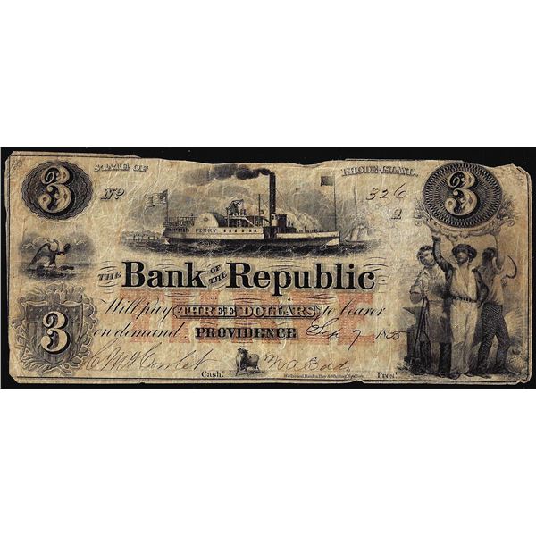 1855 $3 The Bank of the Republic Providence, Rhode Island Obsolete Note