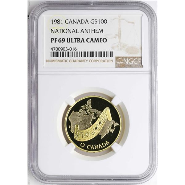 1981 Canada $100 National Anthem Gold Coin NGC PF69 Ultra Cameo