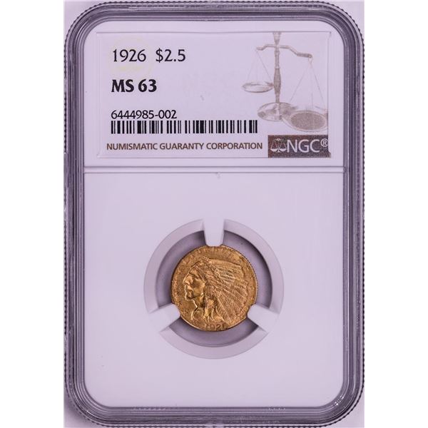 1926 $2 1/2 Indian Quarter Eagle Gold Coin NGC MS63