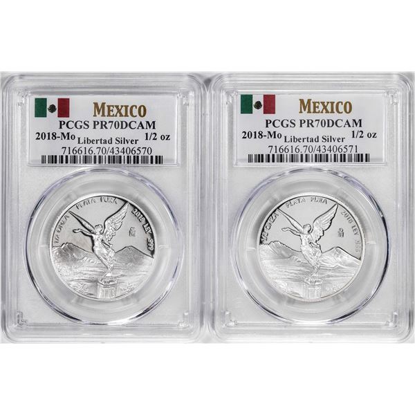 Lot of (2) 2018-Mo Mexico Proof 1/2 oz Silver Libertad Coins PCGS PR70DCAM