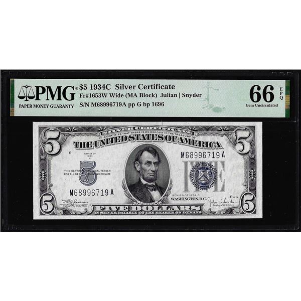 1934C $5 Silver Certificate Note Fr.1653W Wide PMG Gem Uncirculated 66EPQ