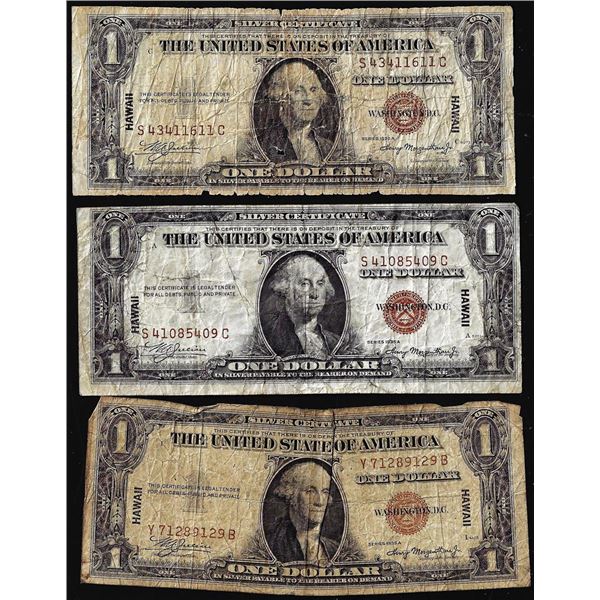 Lot of (3) 1935A $1 Hawaii WWII Emergency Issue Silver Certificate Notes