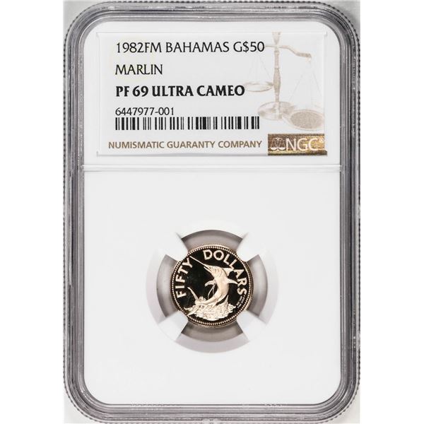 1982FM $50 Bahamas Marlin Proof Gold Coin NGC PF69 Ultra Cameo