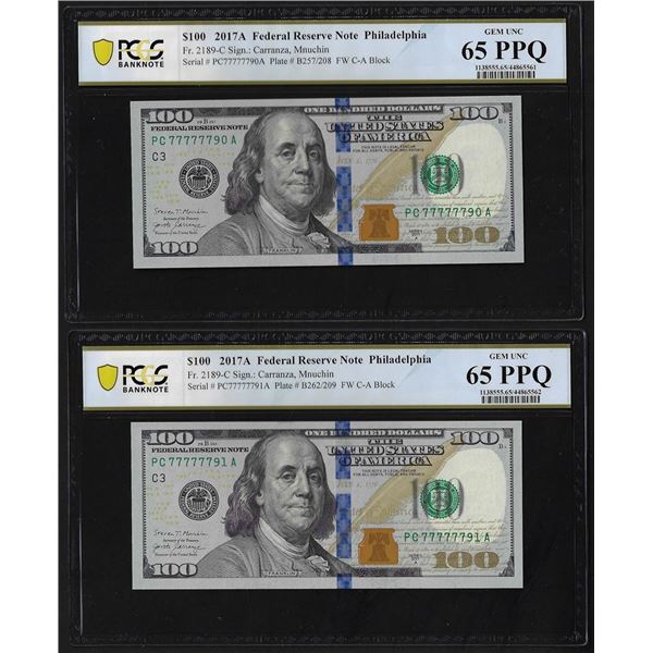 (2) Consec. 2017A $100 Federal Reserve Bank Notes PCGS Gem Unc. 65PPQ Fancy Serial