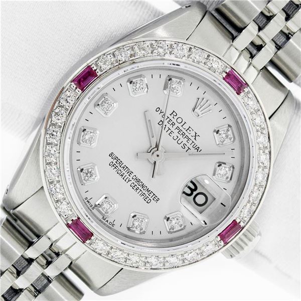 Rolex Ladies Stainless Steel Silver Diamond & Ruby Datejust Wristwatch