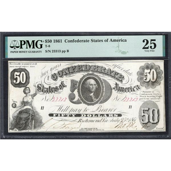 1861 $50 T-8 Confederate PMG 25
