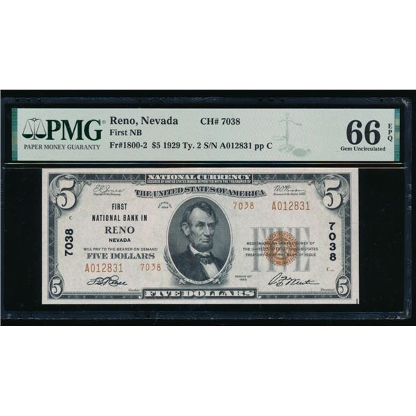 1929 $5 Reno NV National PMG 66EPQ