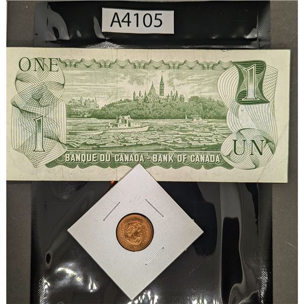 One Canada Dollar Bill Plus 2009 Penny (A4105)