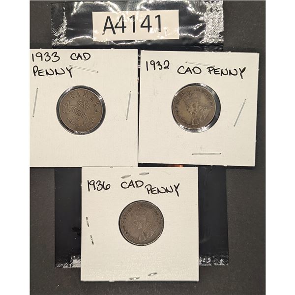 Three 1930s Canadian Pennies-'32, '33, '36 (A4141)
