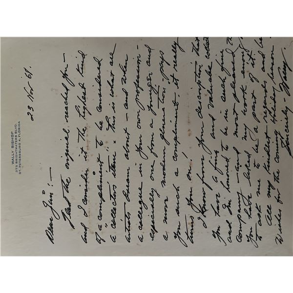 Artist Wally Bishop handwritten signed letter