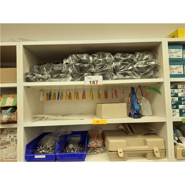 9 SHELVES OF ASSORTED HARDWARE INCLUDING NUTS, BOLTS, LOCKS, DOOR HANDLES, DOOR STOPS, AND CLAMPS