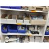 Image 3 : 9 SHELVES OF ASSORTED HARDWARE INCLUDING NUTS, BOLTS, LOCKS, DOOR HANDLES, DOOR STOPS, AND CLAMPS