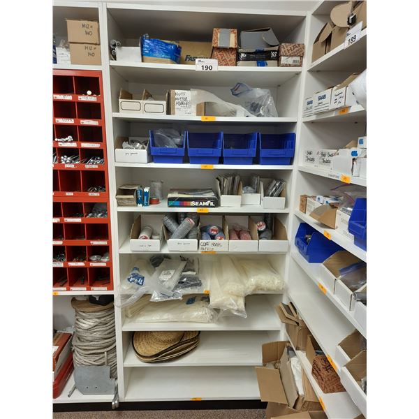 9 SHELVES OF ASSORTED HARDWARE INCLUDING ZIP TIES, ELECTRICAL TAPE, CABLE GROMMETS, NUTS, BOLTS,