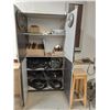 Image 1 : WHITE/BLACK 2 DOOR 5 TIER STORAGE CABINET WITH CONTENTS OF ASSORTED SAW BLADES AND EXTENSION CORDS