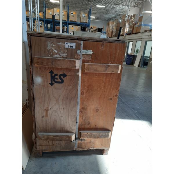 WOODEN 40"W X 34"D X 59"H PALLET STYLE TECHNICIANS TOOL CRATE WITH ASSORTED ELECTRICAL ITEMS