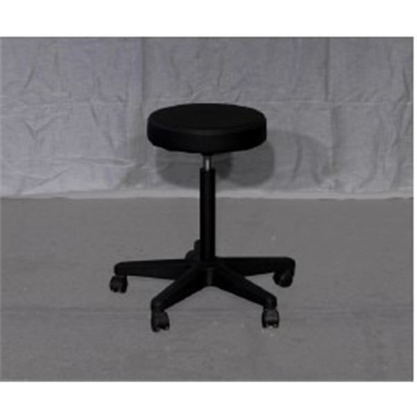 SKID 72 - BLACK TASK STOOL, ROUND SEAT, BLACK LEATHER, SKID 73 - GREY OFFICE CHAIR ON WHEELS, GREY