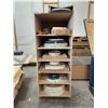 Image 1 : MOBILE 6 TIER WOODEN SHELF OF ASSORTED EDGE BANDING MATERIAL & METAL WORK LOCKS