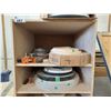 Image 2 : MOBILE 6 TIER WOODEN SHELF OF ASSORTED EDGE BANDING MATERIAL & METAL WORK LOCKS