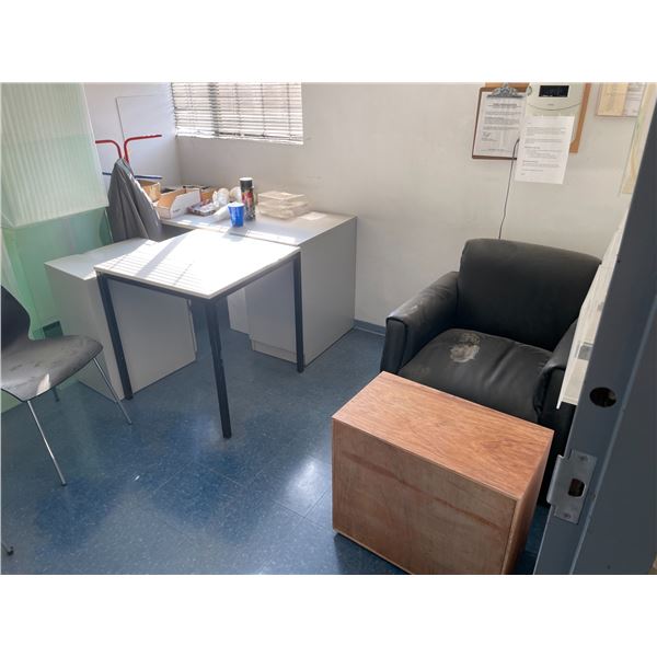 CONTENTS OF SHIPPING/RECEIVING OFFICE INCLUDING DESK, TABLES, STACKING CHAIRS , DISPLAY COVERS,