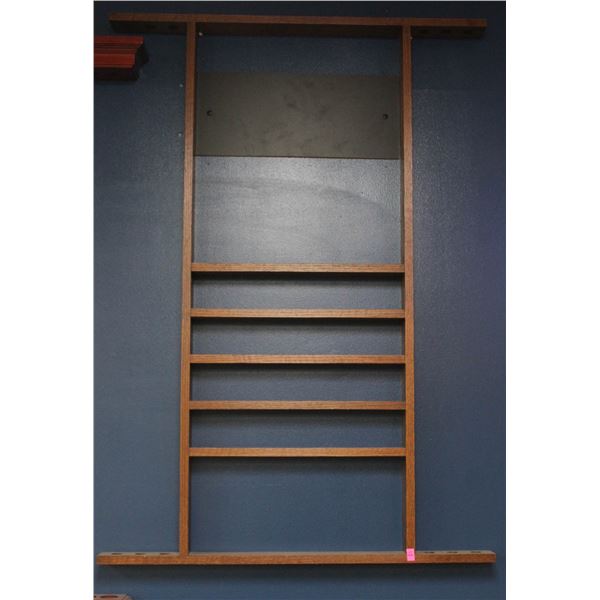 WOODEN 6 SLOT/ 5 SHELF BILLIARD WALL RACK-DK BROWN 48.5" X 34"