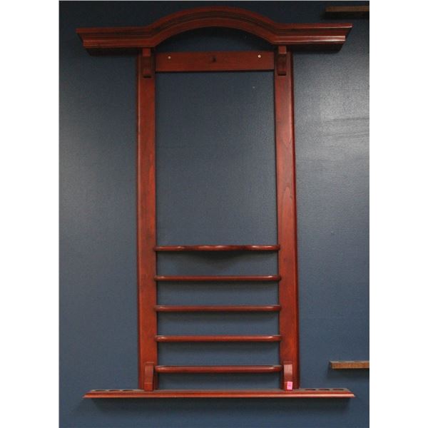 WOODEN 6 SLOT/ 5 SHELF BILLIARD WALL RACK-CH WOOD 52" X 35.5"