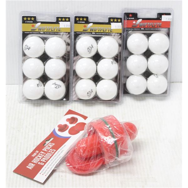 SMALL BOX OF PING PONG BALLS & AIR HOCKEY PUCKS W/ PADDLES