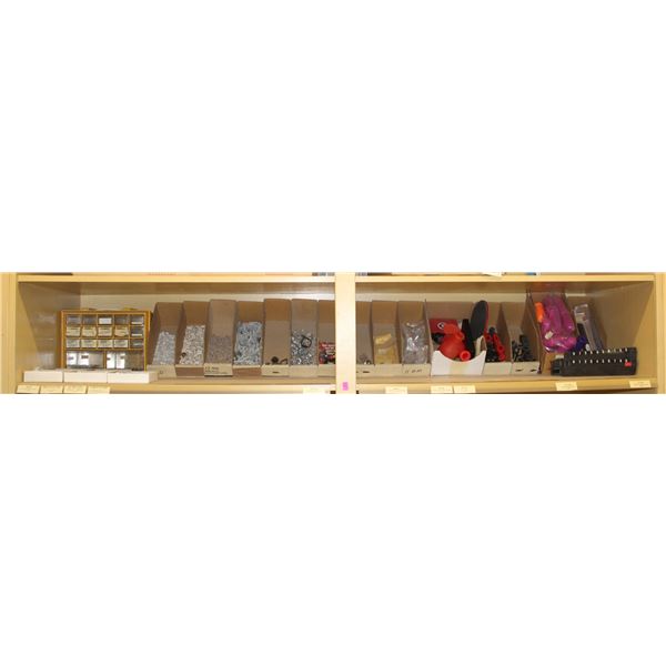 FULL SHELF OF GAME ACCESSORIES & HARDWARE; ASSORTED POOL TIPS/ FOOSE BALL HANDLES AND MORE