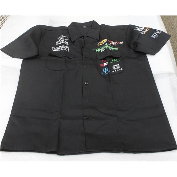 BILLIARD BRANDED MC DERMOTT/ LUCKY CUES, ETC MENS BUTTON UP SHORT SLEEVE SHIRT- BLACK SIZE MED