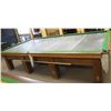 Image 2 : SHOWROOM VINTAGE 12FT BILLIARDS SLATE TOP TABLE. SOLID OAK BASE & TRIM/ DEEP NETTED POCKETS/ NEEDS F