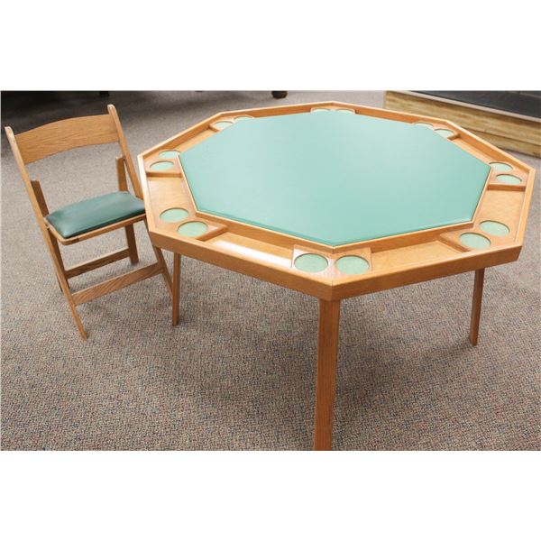 SHOWROOM SOLID WOOD FOLDABLE POKER TABLE W/ GREEN VINYL TOP & ACCENTS. C/W 1 FOLDING CHAIR. 52"