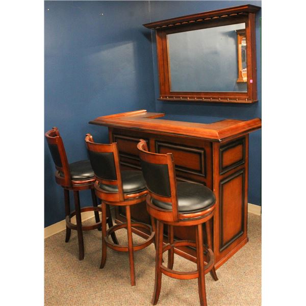 SHOWROOM 5 PC BAR SET. C/W 3 SWIVEL TOP BAR STOOLS 48" MIRRORED BACK BAR & 60" DARK BROWN WOOD FINIS