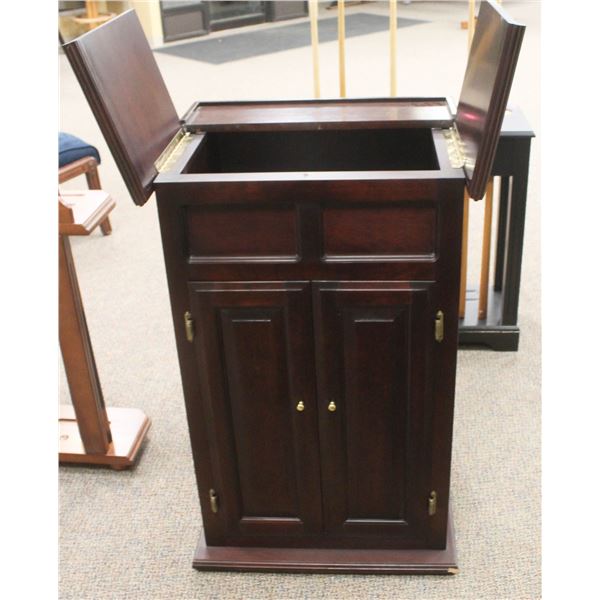 PODIUM STYLE LIQUOR CABINET W/ LIFT TOP- CHERRY WOOD FINISH 39 L X 24 W X 21 D