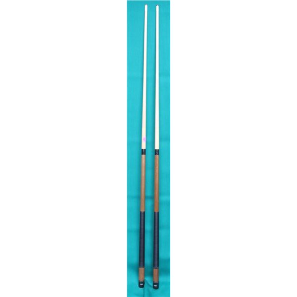 SHOWROOM PAIR OF 18 OZ. OLHAUSEN HANDLE WRAPPED POOL CUES; BROWN & BLACK
