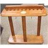 Image 1 : SHOWROOM 10 SLOT BILLIARDS FLOOR RACK W/  2 GOLD TRIANGLE HANGERS- LIGHT BROWN WOOD FINISH
