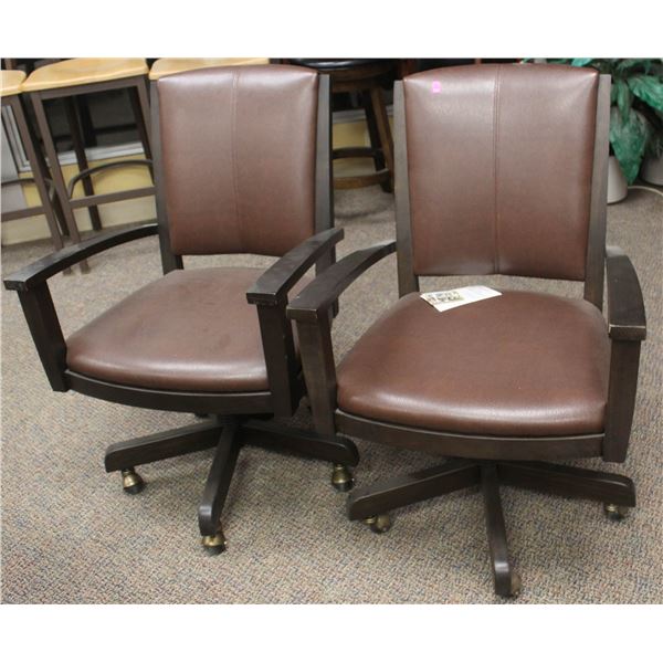 SHOWROOM PAIR OF CALIFORNIA HOUSE ROLLING PARLOUR CHAIRS; BROWN/ BLACK