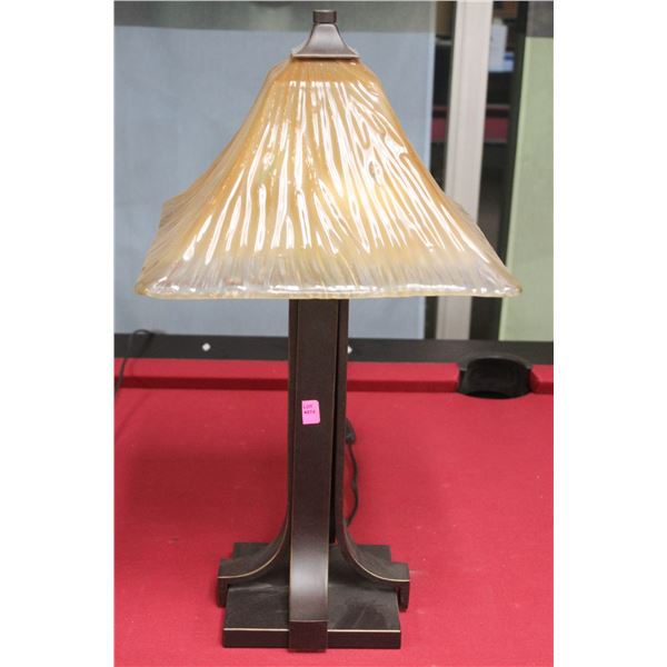 SQUARE GLAZED/ PARLOUR TABLE TOP LAMP; BRONZE BASE