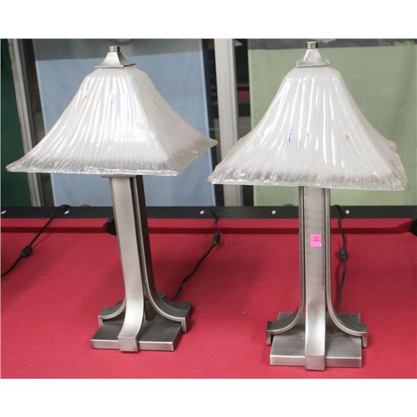 PAIR OF BRUSHED NICKLE SQUARE GLAZED/ PARLOUR TABLE TOP LAMPS